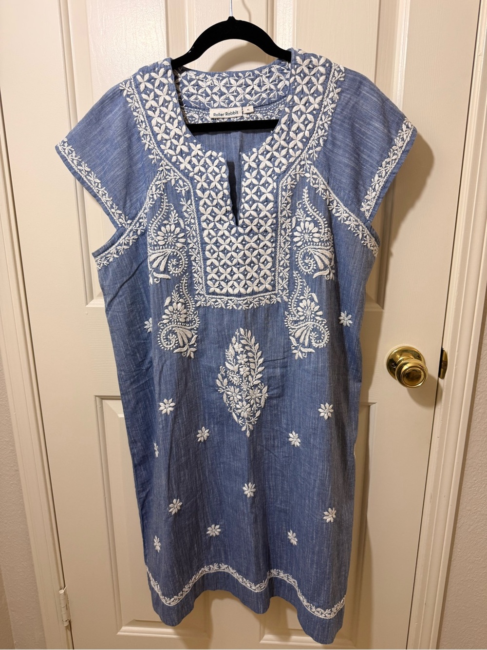 Roller Rabbit Blue Chambray Midi Dress with White Embroidery